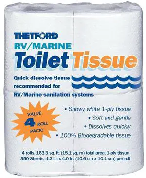 RV/ Marine Toilet Tissue - Toilet Paper for RV and Marine - 1-ply - 4 rolls - Thetford 20804 RV/ Marine Toilet Tissue - Toilet Paper for RV and Marine - 1-ply - 4 rolls - Thetford 20804