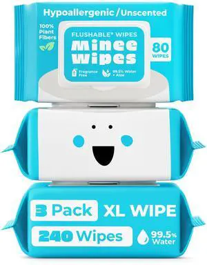 XL Flushable Wipes - Thick & Durable - 99.5% Water and Aloe - Safe for Sensitive Skin, Hypoallergenic & Unscented - Plant-Based Wet Butt Wipes for Adults, Kids & Baby Care - 3 Pack Total 240 Wipes XL Flushable Wipes - Thick & Durable - 99.5% Water and Aloe - Safe for Sensitive Skin, Hypoallergenic & Unscented - Plant-Based Wet Butt Wipes for Adults, Kids & Baby Care - 3 Pack Total 240 Wipes