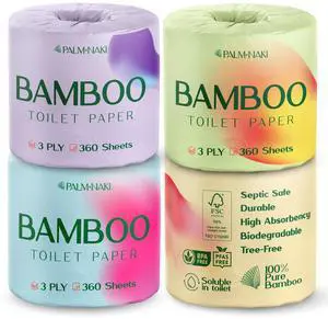 Premium Bamboo Toilet Paper | 3-Ply Strong & Absorbent | Tree-Free, FSC Certified, BPA/PFAS-Free | Septic-Safe, Lint-Free | 4 Mega Rolls (360 Sheets/Roll) | PALM NAKI Premium Bamboo Toilet Paper | 3-Ply Strong & Absorbent | Tree-Free, FSC Certified, BPA/PFAS-Free | Septic-Safe, Lint-Free | 4 Mega Rolls (360 Sheets/Roll) | PALM NAKI