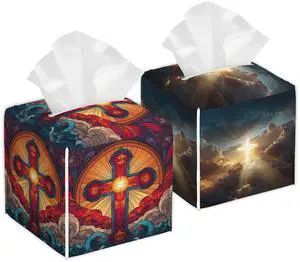 Cross Tissue Box Cover, Set of 2 Square Leather Tissue Holder Organizer Portable Decorative Facial Paper Case for Home Office Bathroom Vanity Countertop Cross Tissue Box Cover, Set of 2 Square Leather Tissue Holder Organizer Portable Decorative Facial Paper Case for Home Office Bathroom Vanity Countertop