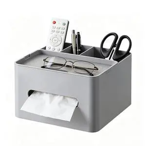 5-in-1 Tissue Box Holder with Storage Caddy, 7 Inch Plastic Multifunction Countertop Organizer, 3X Compartments 1x Top Tray, Ideal for Office, Home, Vanity, Makeup & Stationery (Gray) 5-in-1 Tissue Box Holder with Storage Caddy, 7 Inch Plastic Multifunction Countertop Organizer, 3X Compartments 1x Top Tray, Ideal for Office, Home, Vanity, Makeup & Stationery (Gray)