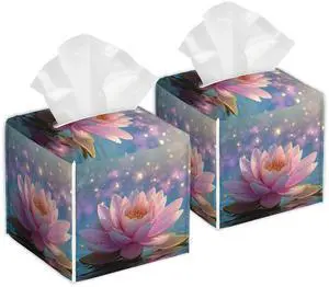 Pink Lotus Flower Tissue Box Cover, Set of 2 Square Leather Tissue Holder Organizer Portable Decorative Facial Paper Case for Home Office Bathroom Vanity Countertop Pink Lotus Flower Tissue Box Cover, Set of 2 Square Leather Tissue Holder Organizer Portable Decorative Facial Paper Case for Home Office Bathroom Vanity Countertop