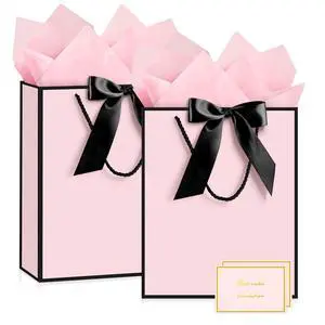 Gift Bag, 2PCS Gift Bags with Ribbon and 2 Greeting Cards 4 Tissue Paper, Portable Paper Gift Bag with Handles, Birthday Gift Bags,Present Bags for Wedding Party Mothers Day(Pink-Black) Gift Bag, 2PCS Gift Bags with Ribbon and 2 Greeting Cards 4 Tissue Paper, Portable Paper Gift Bag with Handles, Birthday Gift Bags,Present Bags for Wedding Party Mothers Day(Pink-Black)