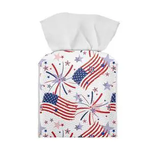 USA Flag Firework Tissue Box Holder Portable Lightweight Square Tissue Box Cover Holder with Metal Button Waterproof Napkin Case USA Flag Firework Tissue Box Holder Portable Lightweight Square Tissue Box Cover Holder with Metal Button Waterproof Napkin Case