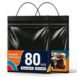 80 Count Hanging Car Trash Bags, Disposable Leak-proof Garbage Can for Car | 2 Gallon Alternative to Car Trash Can, Leak-Resistant Odor Seal Bags, Garbage Bags for Car, SUV, Truck, RV. Black 80 Count Hanging Car Trash Bags, Disposable Leak-proof Garbage Can for Car | 2 Gallon Alternative to Car Trash Can, Leak-Resistant Odor Seal Bags, Garbage Bags for Car, SUV, Truck, RV. Black