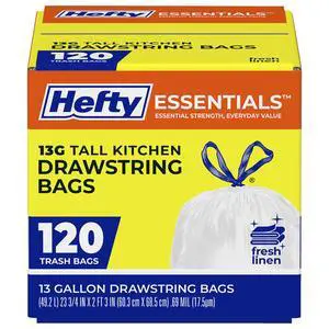 Essentials 13 Gallon Kitchen Trash Bags, 120 Count, Fresh Linen Scent | Tall Trash Bags for Kitchens, Home Offices, or Laundry Rooms, Drawstring Closure, Easy to Tie, Lift, and Carry, White Essentials 13 Gallon Kitchen Trash Bags, 120 Count, Fresh Linen Scent | Tall Trash Bags for Kitchens, Home Offices, or Laundry Rooms, Drawstring Closure, Easy to Tie, Lift, and Carry, White