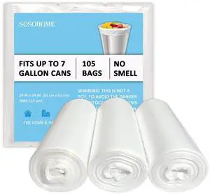 7 Gallon Trash Bags - Clear Medium Size Garbage Bags, 105 Count | 15 Micron Thick Strong Wastebasket Trash Can Bag for Office Home Kitchen 7 Gallon Trash Bags - Clear Medium Size Garbage Bags, 105 Count | 15 Micron Thick Strong Wastebasket Trash Can Bag for Office Home Kitchen