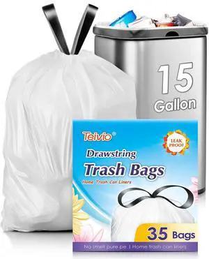 15 Gallon 35 Counts Strong Tall Kitchen Drawstring Trash Bags, Medium Plastic Garbage Bags for Home Office Kitchen Garden Outdoor Tall Trash Can, Waste Bin Liners White 15 Gallon 35 Counts Strong Tall Kitchen Drawstring Trash Bags, Medium Plastic Garbage Bags for Home Office Kitchen Garden Outdoor Tall Trash Can, Waste Bin Liners White