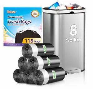 8 Gallon Small 115 Counts Strong Drawstring Trash Bags Garbage Bags by Teivio, Bathroom Trash Can Bin Liners, Plastic Bags for home office kitchen, Black 8 Gallon Small 115 Counts Strong Drawstring Trash Bags Garbage Bags by Teivio, Bathroom Trash Can Bin Liners, Plastic Bags for home office kitchen, Black