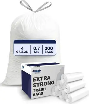 4 Gallon White Drawstring Trash Bags, 200 Count (Pack of 1) 0.7 Mil Leak-Proof Garbage Liners for Small Trash Can, Bathroom, Kitchen, Office, and Car Use 4 Gallon White Drawstring Trash Bags, 200 Count (Pack of 1) 0.7 Mil Leak-Proof Garbage Liners for Small Trash Can, Bathroom, Kitchen, Office, and Car Use