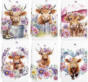 6 Pcs Highland Cow Kitchen Towels 24" x 16" Farmhouse Hand Towels | Highland Cow Decor Kitchen Towels, Absorbent Sunflower Floral Dish Coths, Holiday Bathroom Supply 6 Pcs Highland Cow Kitchen Towels 24" x 16" Farmhouse Hand Towels | Highland Cow Decor Kitchen Towels, Absorbent Sunflower Floral Dish Coths, Holiday Bathroom Supply