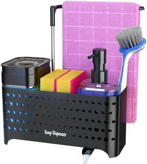 Dish Soap Dispenser Set with Sponge Holder for Kitchen Sink, 5-in-1 Sink Caddy Organizer with Drain Tray, Brush Holder & Towel Rack, Space Saving Kitchen Counter Organizer Dish Soap Dispenser Set with Sponge Holder for Kitchen Sink, 5-in-1 Sink Caddy Organizer with Drain Tray, Brush Holder & Towel Rack, Space Saving Kitchen Counter Organizer