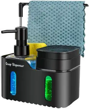 Hand Soap and Dish Soap Dispenser Set for Kitchen, Dual Soap Dispenser with Sponge Holder and Dishcloth Holder 4-in-1 Organizer for Kitchen Sink Countertop, Useful Kitchen Gadgets (Black) Hand Soap and Dish Soap Dispenser Set for Kitchen, Dual Soap Dispenser with Sponge Holder and Dishcloth Holder 4-in-1 Organizer for Kitchen Sink Countertop, Useful Kitchen Gadgets (Black)