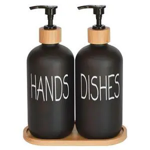 Glass Soap Dispenser Set. Hand and Dish with Bamboo Tray. Vintage Pump for Kitchen Drain Outlet Bathroom. Stylish Permanent Labels (Matte Black) Glass Soap Dispenser Set. Hand and Dish with Bamboo Tray. Vintage Pump for Kitchen Drain Outlet Bathroom. Stylish Permanent Labels (Matte Black)