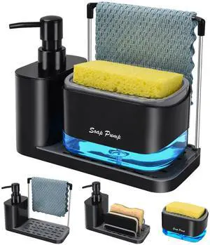 Hand and Dish Soap Dispenser Set with Tray, Dual Soap Dispenser with Sponge Holder and Dishcloth Holder 5-in-1 Organizer for Kitchen Sink Countertop Storage Organize - Useful Kitchen Gadgets (Black) Hand and Dish Soap Dispenser Set with Tray, Dual Soap Dispenser with Sponge Holder and Dishcloth Holder 5-in-1 Organizer for Kitchen Sink Countertop Storage Organize - Useful Kitchen Gadgets (Black)