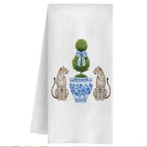 Blue and White Chinoiserie Topiary Tree Leopard Kitchen Towels, Grandmillennial Cheetah Dish Tea Towels for Kitchen, Trimmed Tree Cheetahs Decorative Hand Towel for Bathroom, 16x24 Inch Blue and White Chinoiserie Topiary Tree Leopard Kitchen Towels, Grandmillennial Cheetah Dish Tea Towels for Kitchen, Trimmed Tree Cheetahs Decorative Hand Towel for Bathroom, 16x24 Inch