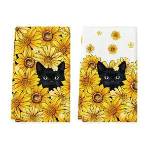 Sunflowers Bee Black Cat Summer Kitchen Towels Dish Towels, 18x26 Inch Farmhouse Decoration Cleaning Set of 2 Sunflowers Bee Black Cat Summer Kitchen Towels Dish Towels, 18x26 Inch Farmhouse Decoration Cleaning Set of 2