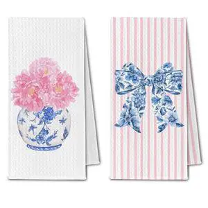 Chinoiserie Floral Kitchen Towels, Pink Coquette Bow Floral Hand Towels for Bathroom Set of 2, Blue and White Kitchen Decor, 16x24 Inch Chinoiserie Floral Kitchen Towels, Pink Coquette Bow Floral Hand Towels for Bathroom Set of 2, Blue and White Kitchen Decor, 16x24 Inch