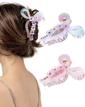 2 Pack Cute Glitter Bow Claw Clip for Women Thick Hair, Non-slip | acrylic bow clip with flowers, sparkly elegant, non-slip grip for thick hair, for daily wear weddings parties, Pink & purple 2 Pack Cute Glitter Bow Claw Clip for Women Thick Hair, Non-slip | acrylic bow clip with flowers, sparkly elegant, non-slip grip for thick hair, for daily wear weddings parties, Pink & purple