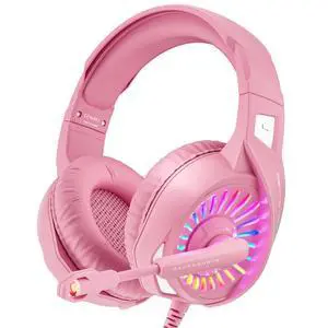 Pink Gaming Headset with Microphone, Compatible with PS4 PS5 Xbox One PC Laptop, Over-Ear Headphones with LED RGB Light, Noise Canceling Mic, Stereo Surround Sound (Pink) Pink Gaming Headset with Microphone, Compatible with PS4 PS5 Xbox One PC Laptop, Over-Ear Headphones with LED RGB Light, Noise Canceling Mic, Stereo Surround Sound (Pink)