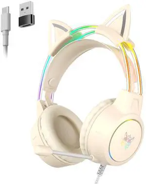 Girl Gaming Headset with Microphone, Detachable Cat Ear, RGB LED Light Surround Sound, Wired Over Ear Headphones for Laptop/Tablet/Phone,Type C Cable & USB-A Adpater Girl Gaming Headset with Microphone, Detachable Cat Ear, RGB LED Light Surround Sound, Wired Over Ear Headphones for Laptop/Tablet/Phone,Type C Cable & USB-A Adpater