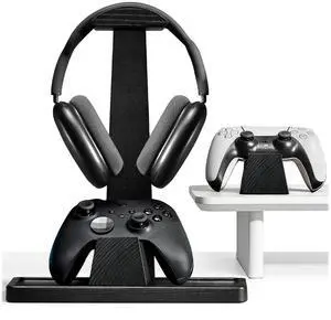 Headset Stand with 2 Controller Holders - Solid Wood & Metal Gaming Headphone Holder for Switch, Controllers, and Desk Accessories (Black) Headset Stand with 2 Controller Holders - Solid Wood & Metal Gaming Headphone Holder for Switch, Controllers, and Desk Accessories (Black)