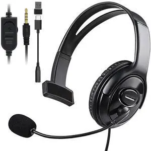 Wired Single Ear Headset with 3.5mm Jack & USB-C & USB-A Adapter for PS5, PS4, Xbox, Switch, PC, iPhone, iPad, Android - Unilateral Mono Headphone for Gaming, Call Center, Remote Work, Online Classes Wired Single Ear Headset with 3.5mm Jack & USB-C & USB-A Adapter for PS5, PS4, Xbox, Switch, PC, iPhone, iPad, Android - Unilateral Mono Headphone for Gaming, Call Center, Remote Work, Online Classes