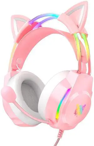 Gaming Headset with Microphone, Cat Ear Headphones for PC Laptop PS4 PS5 Xbox Switch, Pink, Rainbow RGB Lighting & Virtual Surround Sound, 3.5mm Wired Over Ear Headphones, Ergonomic Gaming Headset with Microphone, Cat Ear Headphones for PC Laptop PS4 PS5 Xbox Switch, Pink, Rainbow RGB Lighting & Virtual Surround Sound, 3.5mm Wired Over Ear Headphones, Ergonomic