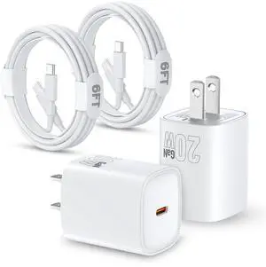 Fast Charging USB C Charger Block 2 Pack 20W PD Charging Adapter with 6FT USB C to C Cable Compatible with iPhone 17 16 15 Pro Max Plus Air, iPad Pro, White Fast Charging USB C Charger Block 2 Pack 20W PD Charging Adapter with 6FT USB C to C Cable Compatible with iPhone 17 16 15 Pro Max Plus Air, iPad Pro, White