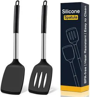2 Pack Silicone Spatula Set, Solid & Slotted Turner for Non-Stick Pans, High Heat Resistant Silicone Spatula for Cooking, BPA-Free Stainless Steel Cooking Utensils for Fish, Eggs, Pancakes, Black 2 Pack Silicone Spatula Set, Solid & Slotted Turner for Non-Stick Pans, High Heat Resistant Silicone Spatula for Cooking, BPA-Free Stainless Steel Cooking Utensils for Fish, Eggs, Pancakes, Black