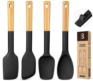 Silicone Spatula Spoon Set, Great for Mixing, Folding, Scraping, and Spreading, Sturdy BPA-Free Matte Silicone, Wooden Handle Rubber Spoonula for Nonstick Cookwares,4 Pack (BLACK) Silicone Spatula Spoon Set, Great for Mixing, Folding, Scraping, and Spreading, Sturdy BPA-Free Matte Silicone, Wooden Handle Rubber Spoonula for Nonstick Cookwares,4 Pack (BLACK)