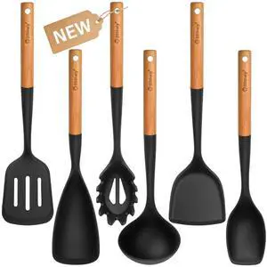 Large Silicone Kitchen Utensils Set, 6 PCS Nonstick Cooking Utensils Set with Wooden Handle, Heat Resistant and BPA Free Silicone Utensil Spatula Set for Cooking with Turner, Spoon and Ladle(Black) Large Silicone Kitchen Utensils Set, 6 PCS Nonstick Cooking Utensils Set with Wooden Handle, Heat Resistant and BPA Free Silicone Utensil Spatula Set for Cooking with Turner, Spoon and Ladle(Black)