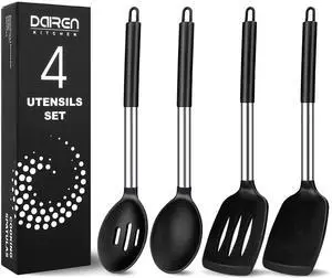 Pack of 4 Large Silicone Cooking Spatulas and Spoons, Slotted and Solid Stainless Steel Cooking Utensils Set, Non-stick Heat Resistant Kitchen for Baking, Fried, Stir-Fry, Mixing, Serving (Black) Pack of 4 Large Silicone Cooking Spatulas and Spoons, Slotted and Solid Stainless Steel Cooking Utensils Set, Non-stick Heat Resistant Kitchen for Baking, Fried, Stir-Fry, Mixing, Serving (Black)