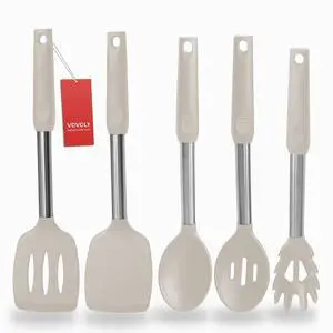 Silicone Spatula and Cooking Spoon,5 Pack Non-Stick Cooking Utensils for KitchenHeat Resistant Solid & Slotted Spoons and Spatulas, Stainless Steel Handle Coated with Silicone, Khaki Silicone Spatula and Cooking Spoon,5 Pack Non-Stick Cooking Utensils for KitchenHeat Resistant Solid & Slotted Spoons and Spatulas, Stainless Steel Handle Coated with Silicone, Khaki