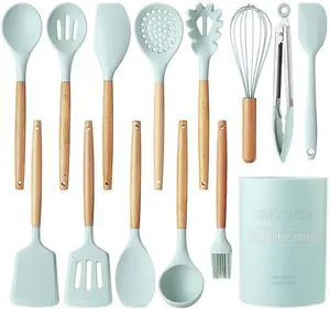 Non Stick Silicone Utensil Set with Rounded Wood Handles for Cooking and Baking, 14 Piece Set, Mint Non Stick Silicone Utensil Set with Rounded Wood Handles for Cooking and Baking, 14 Piece Set, Mint