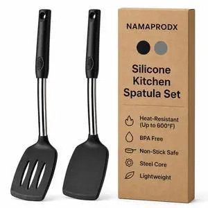 Silicone Spatula Set (2-Pc) - 600°F Heat Resistant, BPA-Free, Non-Scratch, Dishwasher Safe I Slotted & Solid Kitchen Spatula Turner I Ideal for Eggs, Pancakes, Fish I Stainless Steel I Black Silicone Spatula Set (2-Pc) - 600°F Heat Resistant, BPA-Free, Non-Scratch, Dishwasher Safe I Slotted & Solid Kitchen Spatula Turner I Ideal for Eggs, Pancakes, Fish I Stainless Steel I Black
