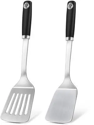 2 Pcs Silicone Stainless Steel Spatulas Set, Metal Spatula Solid & Slotted Turner, Heavy Duty Sturdy Spatula for Kitchen Use, High Heat Resistant Cooking Utensils for Fish Eggs Pancakes, Easy to Clean 2 Pcs Silicone Stainless Steel Spatulas Set, Metal Spatula Solid & Slotted Turner, Heavy Duty Sturdy Spatula for Kitchen Use, High Heat Resistant Cooking Utensils for Fish Eggs Pancakes, Easy to Clean