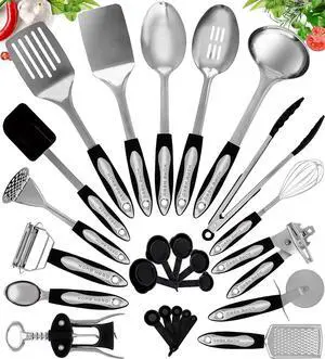 Stainless Steel Kitchen Utensils Set - Heat-Resistant Silicone & Nonstick Tools - Durable Stainless Steel Kitchen Gadgets - Complete Kit Measuring Cups & Spoons - 41-Piece Set Stainless Steel Kitchen Utensils Set - Heat-Resistant Silicone & Nonstick Tools - Durable Stainless Steel Kitchen Gadgets - Complete Kit Measuring Cups & Spoons - 41-Piece Set