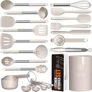 Large Silicone Cooking Utensils Set - Heat Resistant Kitchen Utensils,Turner Tongs,Spatula,Spoon,Brush,Whisk,Stainless Steel Cooking Tool for Nonstick Cookware,Dishwasher Safe (Khaki) Large Silicone Cooking Utensils Set - Heat Resistant Kitchen Utensils,Turner Tongs,Spatula,Spoon,Brush,Whisk,Stainless Steel Cooking Tool for Nonstick Cookware,Dishwasher Safe (Khaki)