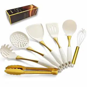 Elegant White Gold Silicone Cooking Utensils Set - Non-Toxic, Dishwasher Safe Kitchen Utensils Set with Heat Resistant Comfort Handles - Includes Spatula & Spoon for Nonstick Cookware Elegant White Gold Silicone Cooking Utensils Set - Non-Toxic, Dishwasher Safe Kitchen Utensils Set with Heat Resistant Comfort Handles - Includes Spatula & Spoon for Nonstick Cookware