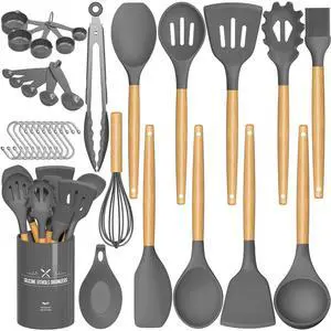 Kitchen Cooking Utensils Set, 33 pcs Non-stick Silicone Spatula Set with Holder, Woodle Handle Heat Resistant Gadgets Utensil (Gray) Kitchen Cooking Utensils Set, 33 pcs Non-stick Silicone Spatula Set with Holder, Woodle Handle Heat Resistant Gadgets Utensil (Gray)