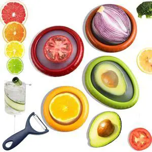 Piece Avocado Saver and Tomato Holder Set 4 Reusable Silicone Food Storage Containers + 1 Fruit Peeler, Stretch Pods for Fruit & Veggie Storage Piece Avocado Saver and Tomato Holder Set 4 Reusable Silicone Food Storage Containers + 1 Fruit Peeler, Stretch Pods for Fruit & Veggie Storage