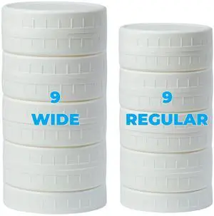 Pack White Plastic Mason Jar Lids with Silicone Rings, 9 Wide Mouth & 9 Regular Mouth Jar Lids for Ball & Kerr and More, 86mm &70mm Plastic Mason Jar Lids Pack White Plastic Mason Jar Lids with Silicone Rings, 9 Wide Mouth & 9 Regular Mouth Jar Lids for Ball & Kerr and More, 86mm &70mm Plastic Mason Jar Lids