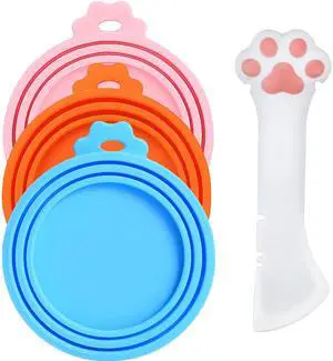 Cat Food Can Covers Lids & White Spoon, Pink/Orange/Sky Blue Lids, Can Covers for Dog/Cat Food Cans, Fit 3 Standard Size Pet Food Cans, Spoon with Opener Paw & Mini Spatula Cat Food Can Covers Lids & White Spoon, Pink/Orange/Sky Blue Lids, Can Covers for Dog/Cat Food Cans, Fit 3 Standard Size Pet Food Cans, Spoon with Opener Paw & Mini Spatula