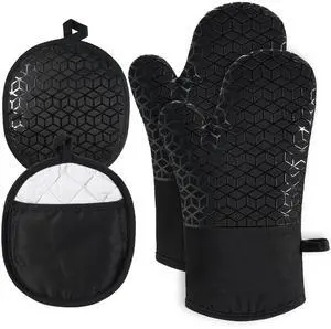 Oven Mitts and Pot Holders,500 Heat Resistant Oven Mitts Sets,Silicone Oven Gloves, Non-Slip Silicone Textured Grip,Black Oven Mitts and Pot Holders,500 Heat Resistant Oven Mitts Sets,Silicone Oven Gloves, Non-Slip Silicone Textured Grip,Black