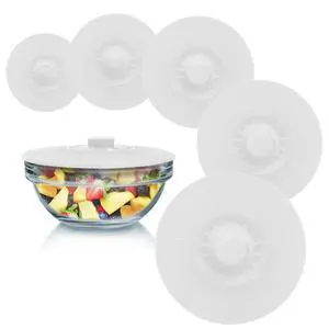 Silicone Bowl Lids White, Set of 5 Reusable Suction Seal Covers for Bowls, Pots, Cups. Food Safe. Natural grip, interlocking handles for easy use and storage. Silicone Bowl Lids White, Set of 5 Reusable Suction Seal Covers for Bowls, Pots, Cups. Food Safe. Natural grip, interlocking handles for easy use and storage.