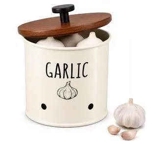 Garlic Keeper for Counter with Wooden Lid - Nordic Design Garlic Storage Container with Handle, Kitchen Organizer Jar, Housewarming Gift for Home Decor Garlic Keeper for Counter with Wooden Lid - Nordic Design Garlic Storage Container with Handle, Kitchen Organizer Jar, Housewarming Gift for Home Decor