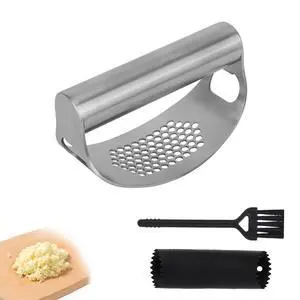 Stainless Steel Hand Garlic Rocker Presser Set, Garlic Press Smasher with Plastic Peeler Roller and Brush Ginger Crusher Mincer Cutter Supplies for Kitchen Dicer Chopper Grater Gadgets Stainless Steel Hand Garlic Rocker Presser Set, Garlic Press Smasher with Plastic Peeler Roller and Brush Ginger Crusher Mincer Cutter Supplies for Kitchen Dicer Chopper Grater Gadgets