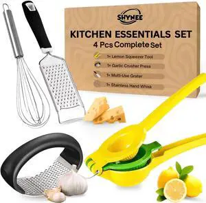4PCs Kitchen Essentials Set Premium Quality Lemon Squeezer, Garlic Press, Stainless Steel Whisk, Multi-Use Grater, Cheese Grater Durable, Easy to Clean Cooking Tools Set for Everyday Meal Prep 4PCs Kitchen Essentials Set Premium Quality Lemon Squeezer, Garlic Press, Stainless Steel Whisk, Multi-Use Grater, Cheese Grater Durable, Easy to Clean Cooking Tools Set for Everyday Meal Prep