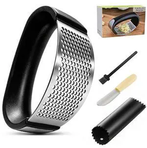 Garlic Press Rocker Set Stainless Steel Garlic Crusher, Mincer with Peeler & Scraper, Quick & Easy Garlic Smashing Garlic Press Rocker Set Stainless Steel Garlic Crusher, Mincer with Peeler & Scraper, Quick & Easy Garlic Smashing